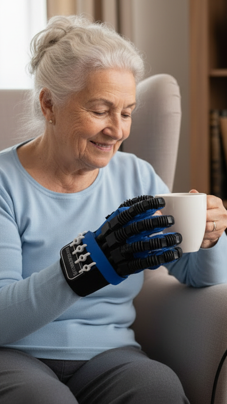 Elderly woman using rehabilitation glove